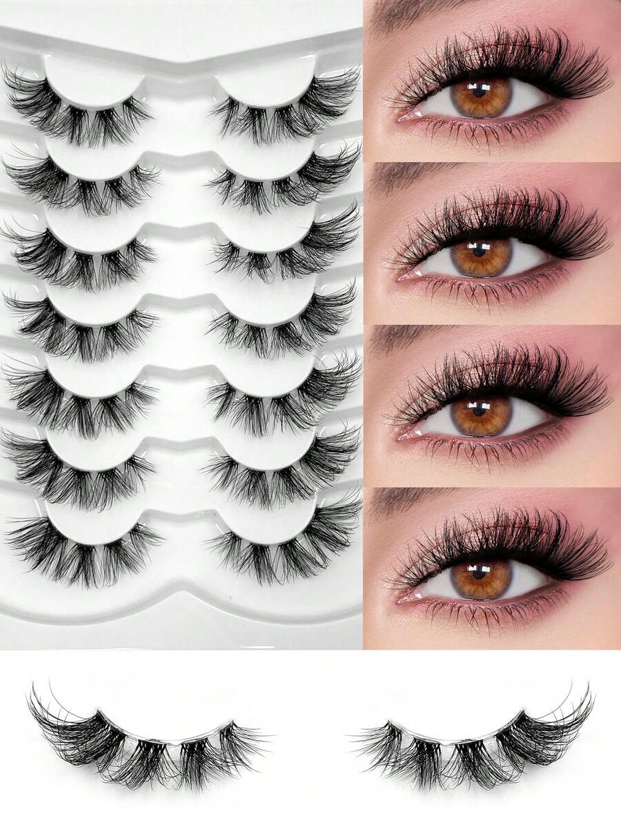 ENCHUW 7 pares de pestañas postizas de ojo de gato súper suaves y esponjosas, pestañas diarias naturales y encantadoras con banda transparente y de imitación de visón, pestañas suaves y rizadas - Negro - Ver 1