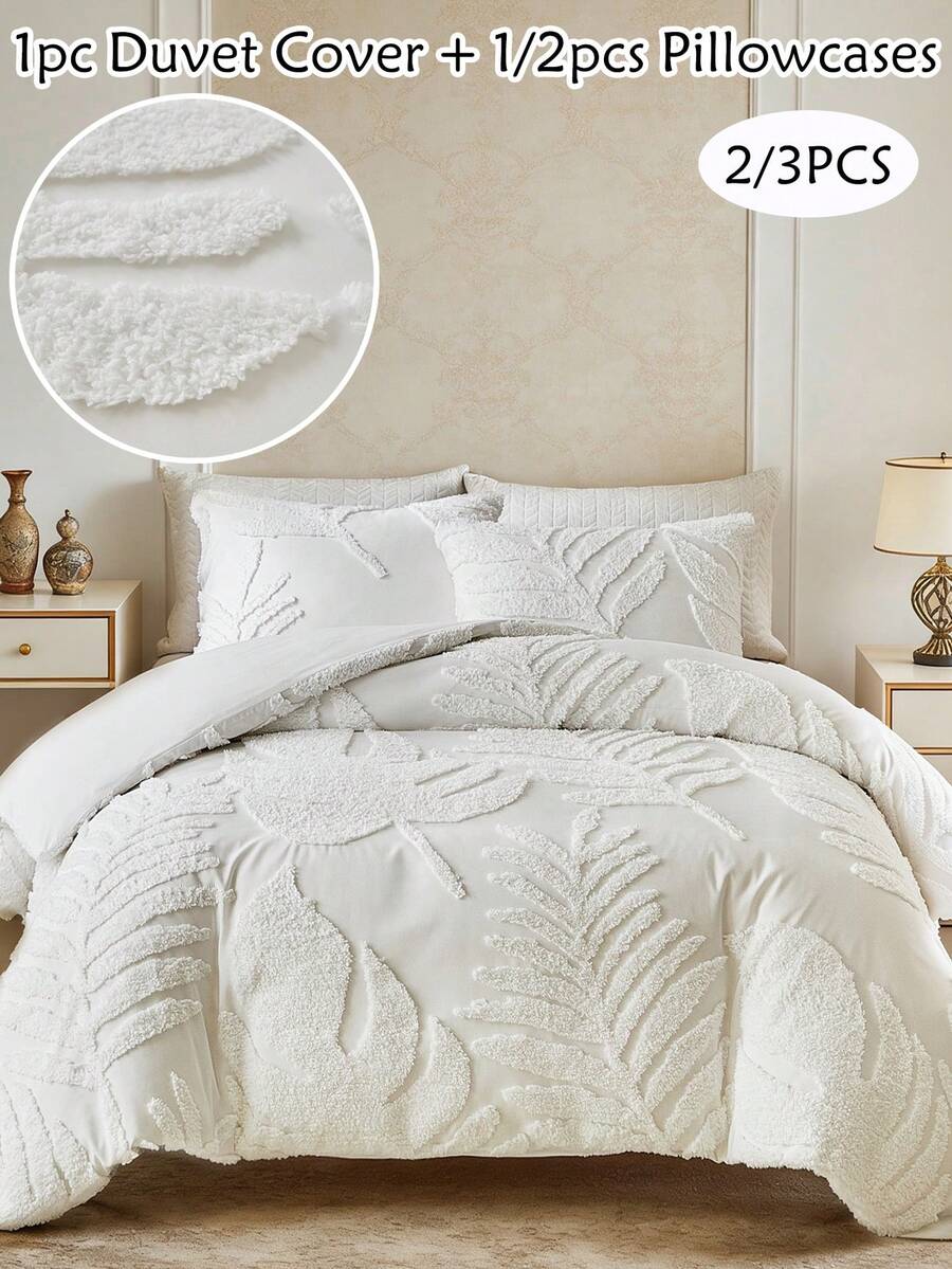 Bộ ga trải giường 2/3 món phong cách Bohemian họa tiết lá Monstera trắng, bộ đồ giường bằng polyester kiểu trang trại cổ điển, mềm mại và thoáng khí, có thể giặt máy, phù hợp cho phòng ngủ, phòng khách, ký túc xá, cỡ Queen, King (1 ga trải giường + 1/2 vỏ gối, không kèm ruột chăn) - trắng - Xem 1
