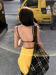 Women's Slim-Fit Solid Tank Top With Built-In Bra | Versatile Short Camisole For Street, Resort, And Hot Girl Summer Vibes - Black - View 3