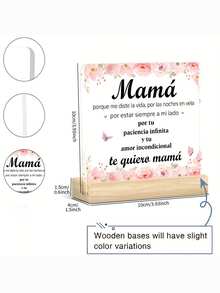 Crystal Plaque With Wooden Base, Spanish Text And Floral Design, Desktop Decor, Birthday, Anniversary, Mother's Day Gift - 1PC - View 2
