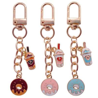 3件套可爱甜点吊坠，甜甜圈和奶茶包挂饰，珐琅合金材质，适合学生、甜食爱好者和潮流人士