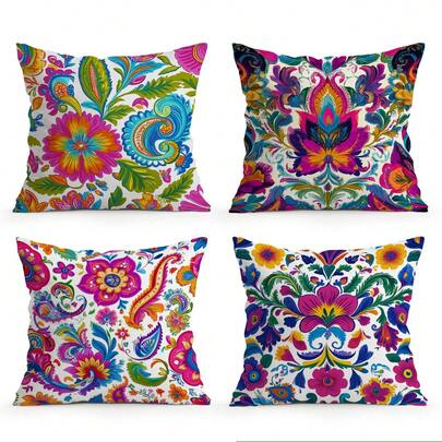 4pcs Paisley Floral Pattern Pillow Covers, Single-Sided Printed Cushion Covers, Suitable For Living Room, Bedroom, Home Decor, All Seasons