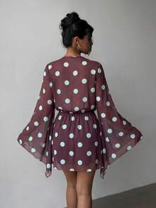 Polka Dot Print Bohemian Style Loose Drape Neck Mini Dress, Flare Sleeve Chiffon Shirt Dress, Summer Vacation Beach Party Casual Outfits, Spring & Summer Minimalist - Purple - View 2