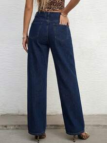 Quần jeans denim trơn màu, kiểu dáng thanh lịch, có cúc, khóa kéo và túi, dành cho nữ, thích hợp cho tiệc tùng, kỳ nghỉ, ở nhà và mặc hàng ngày. - Rửa tối - Xem 4