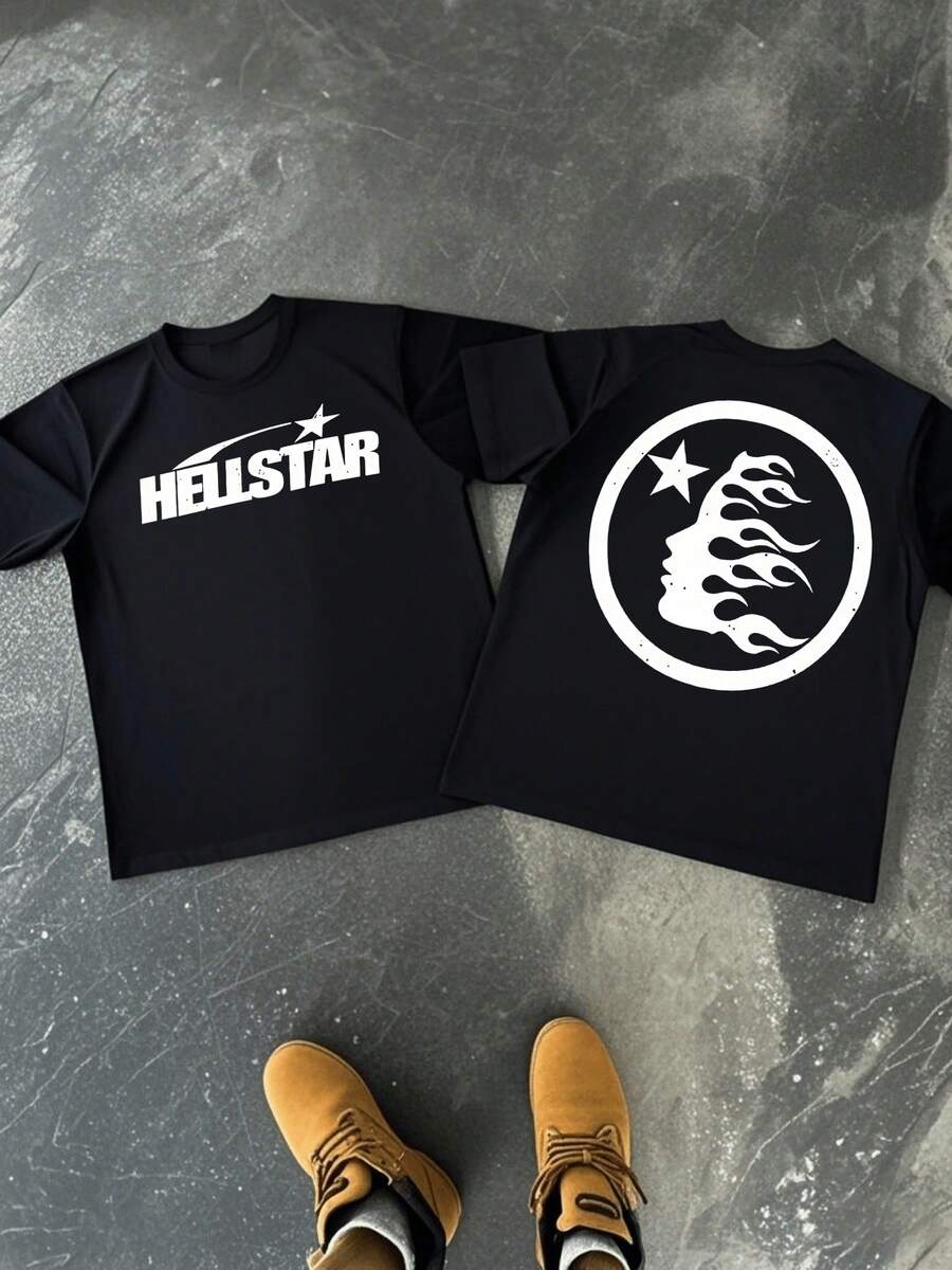 Flaming Star Face Print Double Sided T Shirt Streetwear Vintage Graphic Tee Cosmic Energy Digital Printed Short Sleeve T Shirt Men's Gifts Summer Comfortable Gift - 黑色 - 查看 1