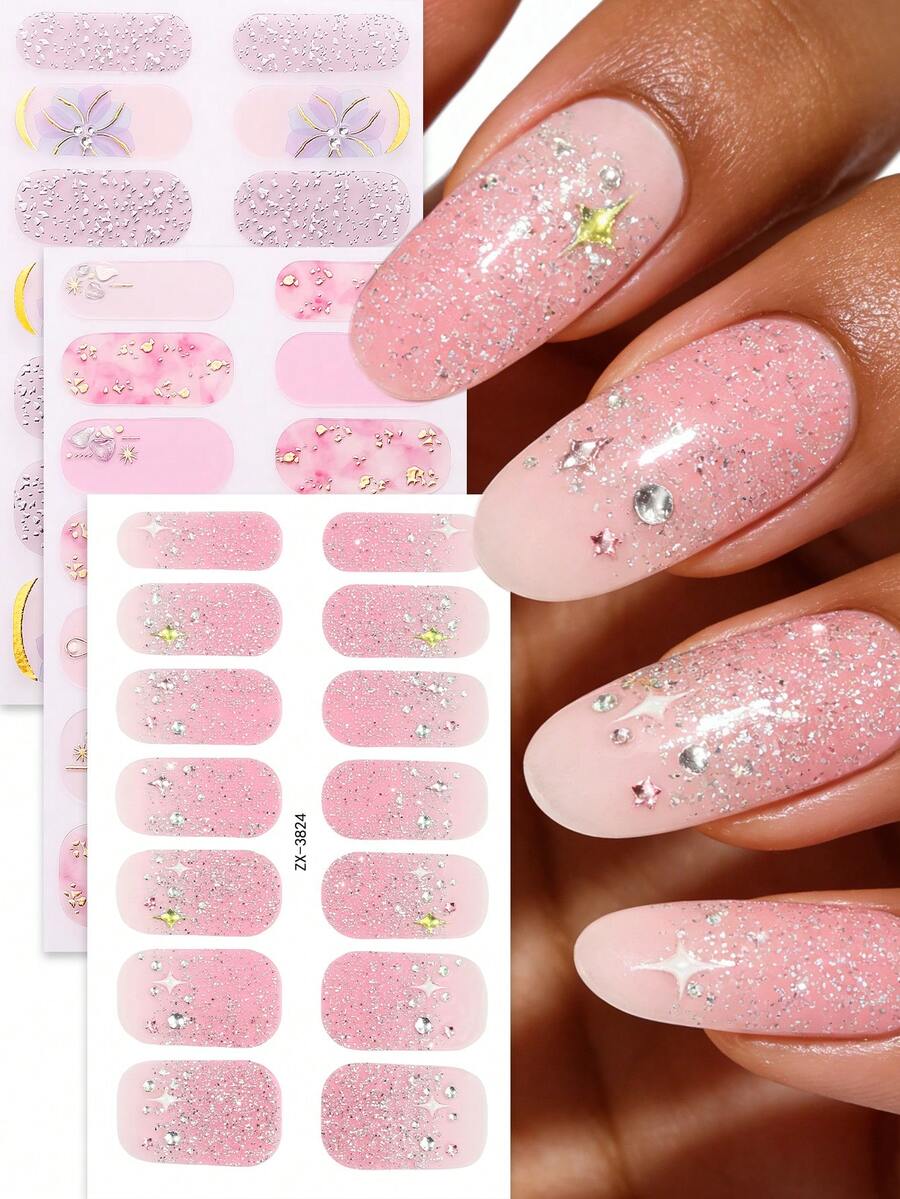 3pcs Spring/Summer Pink Glitter Rhinestone Nail Wraps, Exquisite Luxurious Nail Strips ,Set Easy Nail Application, Suitable For Women's Vacation, Holiday Parties, Dates, And Home DIY Nail Stickers - Multicolor - View 1