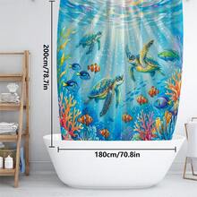 1件/4件套海底世界海龟珊瑚图案浴室装饰浴帘套装，赠送12个挂钩，营造优雅假日氛围，包含浴室地垫、U型马桶垫和圆形马桶垫，适用于各种浴室场景。 - E - 查看 12