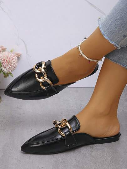 大码 35-45 女式尖头平底拖鞋，新款秋季户外日常乐福鞋，黑色、棕色、米色、银色可选，软底休闲套脚鞋，百搭连衣裙，金色金属链条装饰，轻便舒适，多种颜色可选。