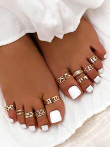 10件套可爱脚趾戒指，包括星星、月亮、几何镂空爱心、蝴蝶结、翅膀等造型，适合度假、约会、母亲节礼物。 - 金黃色 - 查看 1