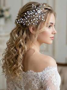 1件奢华简约珍珠水晶手工发箍，适合婚礼、伴娘、派对、摄影、日常佩戴 - 銀色 - 查看 5