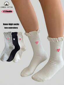 3 Pairs Of Lace Embroidered Heart Tube Socks, Combed Cotton Pile Socks, Japanese Girl Lolita Lace Women's Socks - Multicolor - View 1