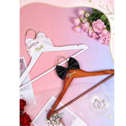 2pcs Bridal Gown & Groom Suit Wooden Hangers With Bow Tie, Mr. & Mrs. Wedding Dress Hangers, Wedding Gift, Wedding Decor, Groomsmen Decoration, Room Decor, Suitable For Spring, Summer, Minimalist Design