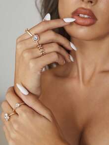 5pcs Luxury Geometric Rhinestone Rings Set Elegant Wedding Party Rings For Women - Yellow Gold - View 4