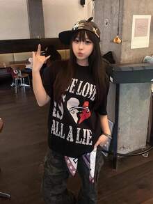 2026夏季新款圆领休闲宽松英文字母和爱心印花时尚百搭街头风学生日常通勤男女通用短袖T恤，1件装 - 黑色 - 查看 1