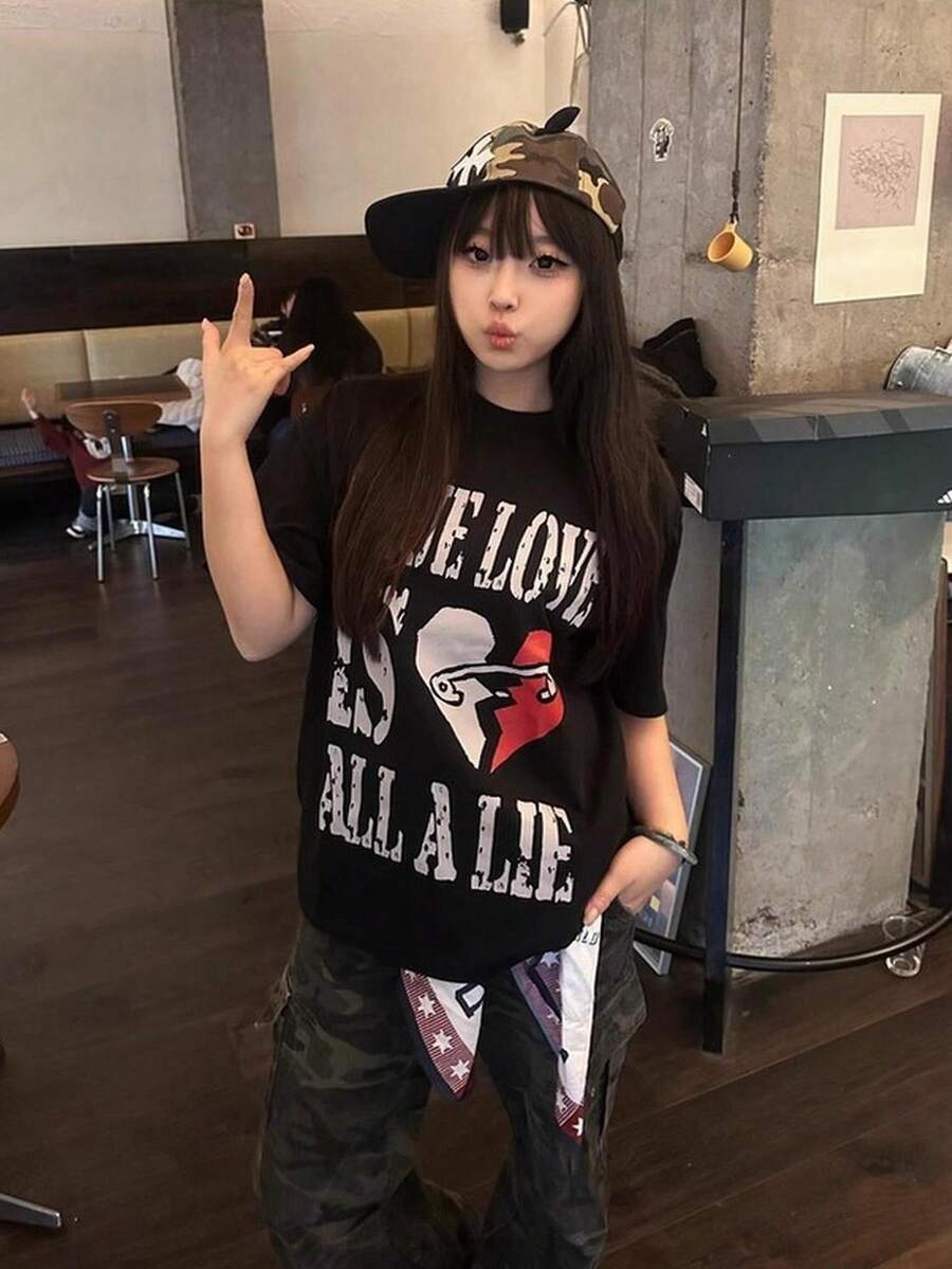 2026夏季新款圆领休闲宽松英文字母和爱心印花时尚百搭街头风学生日常通勤男女通用短袖T恤，1件装 - 黑色 - 查看 1