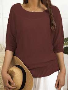 Femmes Loose décontracté Couleur Unie Oversize Col Bénitier Demi-Transparent Manches Courtes Pull, Printemps/Été - Acajou - Voir 2