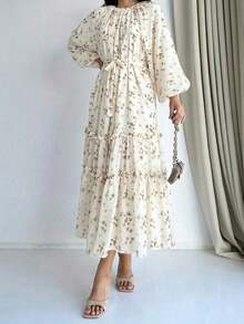 Middle Eastern Ditsy Floral Long Sleeve Loose Arabic Dress For Women Spring Vacation - Hoa - Xem 4