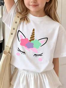 Camiseta de manga corta con estampado de unicornio para niñas, ropa infantil holgada y versátil - Blanco - Ver 1