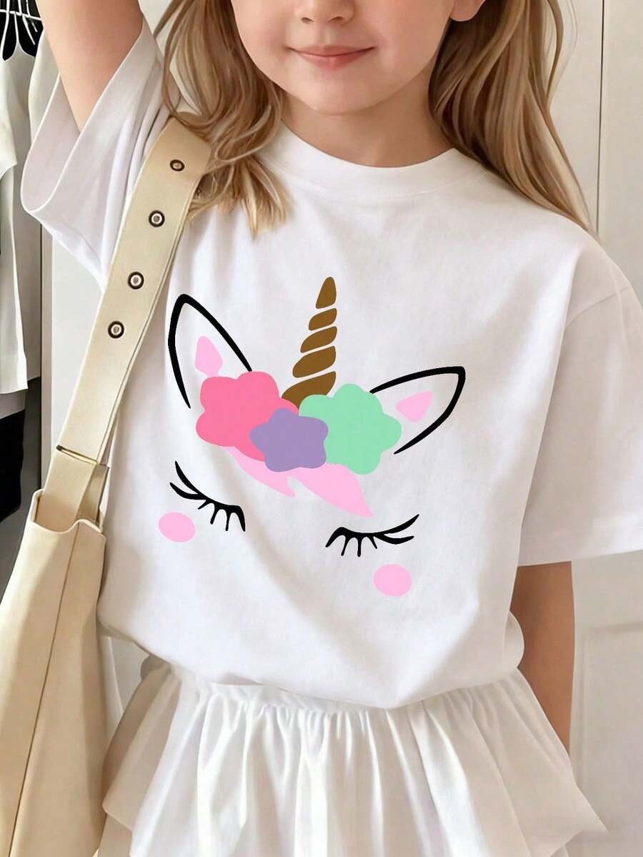 Camiseta de manga corta con estampado de unicornio para niñas, ropa infantil holgada y versátil - Blanco - Ver 1