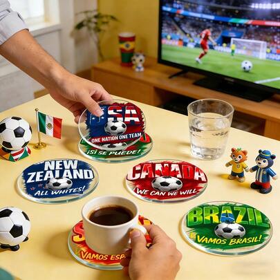 6/12/18/120pcs Soccer National Flag Acrylic Coasters For Drinks Heat Resistant Non-Slip Cup Mats For Football Fans Bar Decor Coffee Table Ornament Sports Theme Gift Home Decor