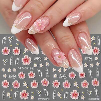 2pcs/Set 5D Sakura Spring Nail Art Stickers, Jelly Flower 3D Embossed Blooming, Mini Petal Beads, French Line Nail Decals, Summer Wedding Manicure DIY Decorations