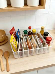1 pieza Caja de almacenamiento de especias de plástico transparente con compartimentos ajustables - Organizador de cocina multifuncional para especias, aperitivos y artículos pequeños - Adecuado para encimera, bandeja de especias extraíble, gran capacidad para refrigerador - Multicolor - Ver 1