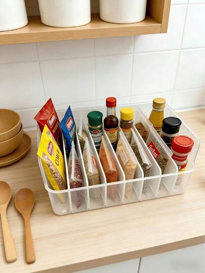 1 Clear Plastic Spice Storage Box With Adjustable Compartments - Multi-Functional Kitchen Organizer For Spices, Snacks, And Small Items - Fits On Countertops, Removable Spice Tray, Large Capacity For Refrigerator