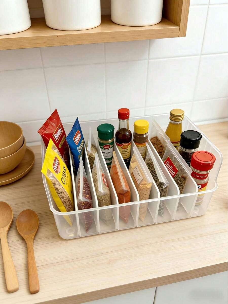 1 pieza Caja de almacenamiento de especias de plástico transparente con compartimentos ajustables - Organizador de cocina multifuncional para especias, aperitivos y artículos pequeños - Adecuado para encimera, bandeja de especias extraíble, gran capacidad para refrigerador - Multicolor - Ver 1