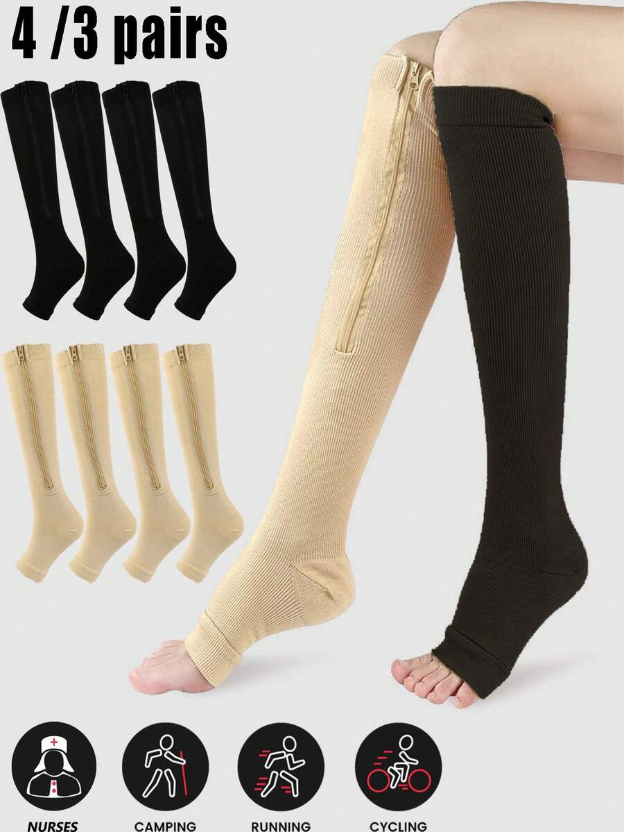 4/3 Pairs Unisex Zipper Compression Socks, Breathable Sports Socks Suitable For Running, Cycling, Camping, Skipping - Multicolor - View 1