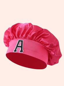 1pc A-Z Letter Satin Elastic Wide Brim Hat For Kids - Tight Sleeping Cap, Hair Care Design, Soft Breathable Structure With Anti-Slip Lining - Black Label - Rose Red Cap - View 11