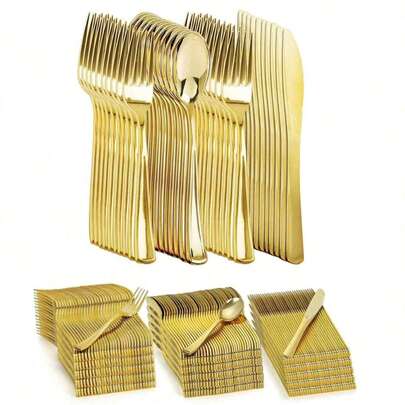 150/100/75/50/25/1 Set Gold Cutlery Set, Including Knife, Fork, Spoon. Suitable For Cake, Salad, Pasta, Dessert, Appetizer. Elegant Reusable Dinnerware Set For Valentine's Day Party, Wedding, Lunch, Family Gathering, Engagement Party, BBQ, Dinner, Reunion, Birthday, Holiday, Retirement Celebration, Outdoor Picnic, Buffet, Catering, Etc. (Multiple Sizes Available For Different Group Sizes)