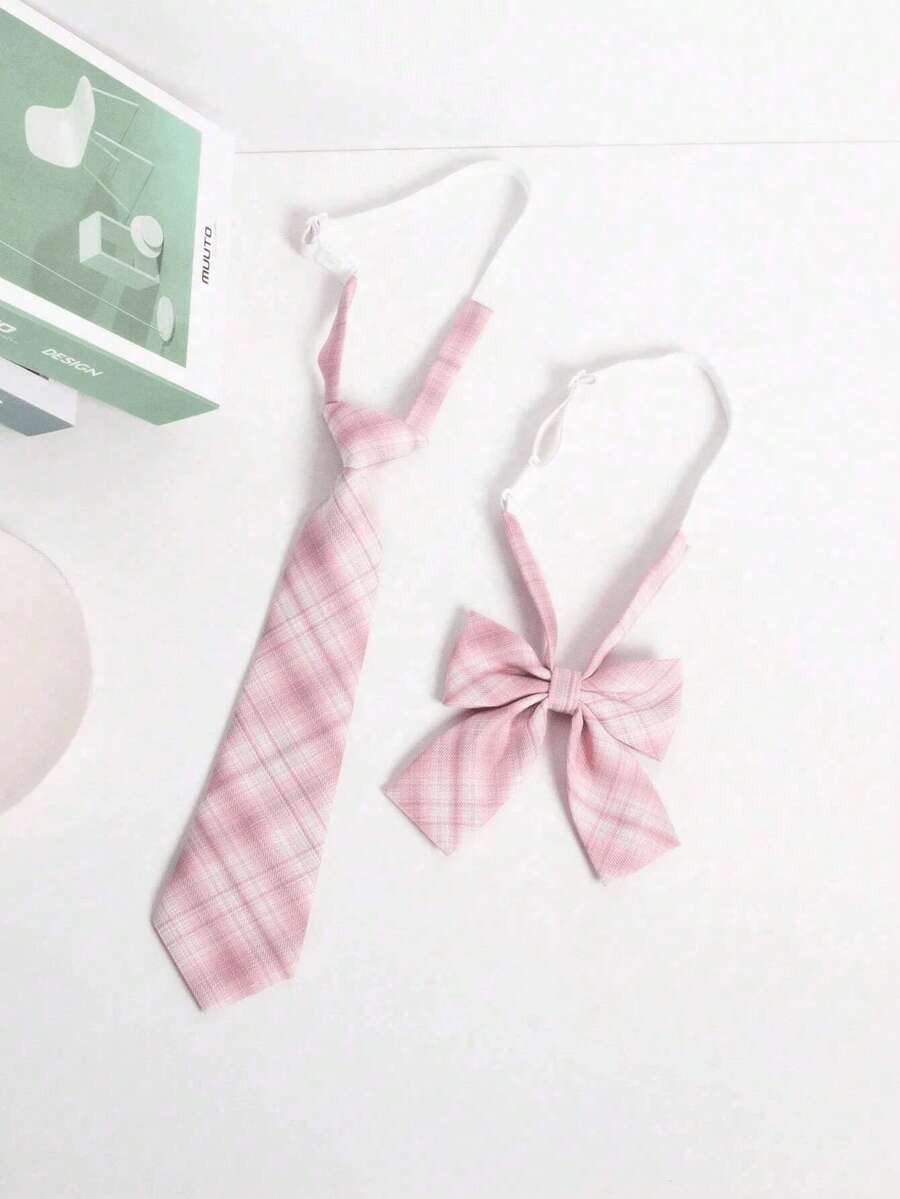 2pcs Children/Student School Uniform Tie, Bow Tie, Blue Crown Trophy Jacquard Shirt Accessories - Pink - View 1