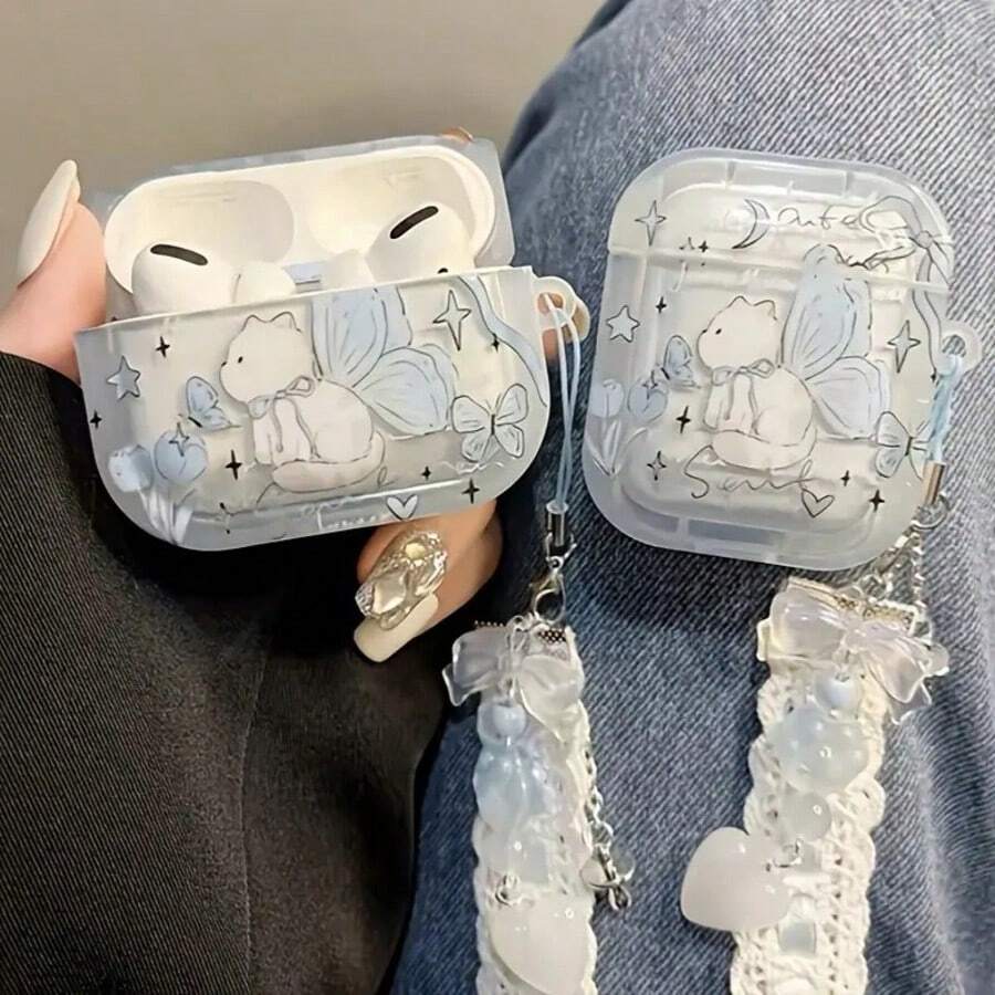 Apple Wireless Earphone Case With Cat Ear Wings Design, Scratch-Resistant And Anti-Drop Protective Cover - Clear - View 1