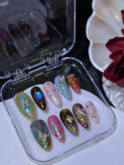 10Pcs Almond Shaped Handmade Exquisite Nail Tips, Luxury Pink ,Brown,Nude Nails Tie Dye With Star,Moon,3D Metal Pentagram & Heart Rhinestone Jewelry Nail Art Design, For Party,Ramadan,Wedding, Daily Wear, Including 1Pc Jelly Gel And 1Pc Nail Buffer Press On Nails Nail Supplies Nail