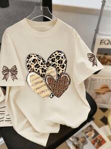 Plus Size Women's Casual Heart-Shaped Leopard Print Round Neck T-Shirt, Mother's Day Gift; Gift For Mom; Graduation Short Sleeve Shirt; Back To School Outfit; Graduation Ceremony; Female Teacher Attire; Summer Clothing For Family And Friends. Suitable For Daily Wear, Outdoor, Festivals, Beach, Parties, School, Music Festivals, Vacations, Commuting And Outings - Apricot - View 1