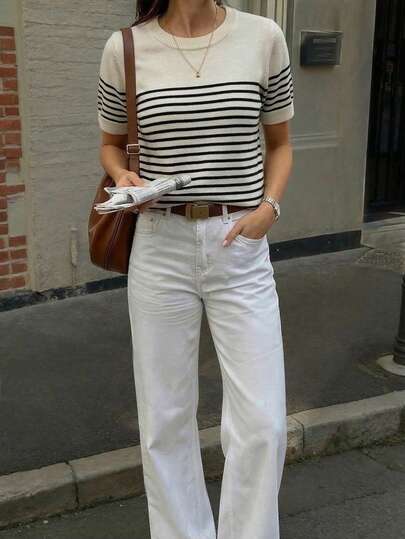 Women's New Fashion Casual Black And White Striped Knit Top, Ribbed Collar And Cuffs, Minimalist Short Sleeve Fitted Pullover, Suitable For Daily Commute, Outing, Dating, Business Meetings, Holidays, Beach Vacation, Beach Party, Graduation Ceremony