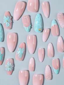 24pcs Long Almond-Shaped 3D Gel Nail Stickers, Ocean & Floral Nail Art, Decorated With Seashells And Pearls, French Tip Design, Short Full Cover Fake Nails Set, Includes: 1pc Jelly Gel And 1pc Nail File - Multicolor - View 5