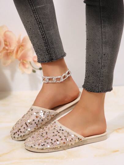 Spring/Summer New Sequin Decorated Flat Slippers, Fashionable Slide Sandals Suitable For Indoor & Outdoor Wear