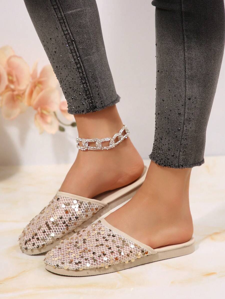 Sandal Selop Datar Berhiaskan Payet Terbaru untuk Musim Semi/Panas, Sandal Selop Modis Cocok untuk Dipakai di Dalam dan Luar Ruangan - Aprikot - View 1