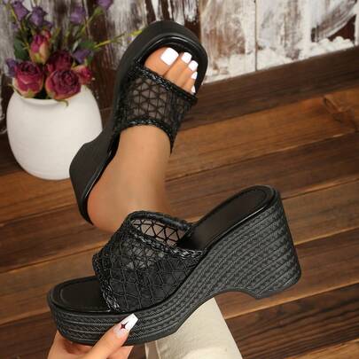 女士时尚镂空网面厚底凉鞋 - 夏季休闲高跟一脚蹬凉鞋