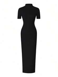 Parara 优雅休闲黑色孕妇连衣裙，V 领短袖修身 A 字长裙，夏季款 - 黑色 - 查看 8