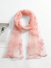 1pc Women's Solid Color Embroidered Floral Hijab Scarf, Contrast Color Floral Embroidery Elegant Fan-Shaped Embroidered Edge, Lightweight Breathable Soft Style, Multifunctional Headscarf, Suitable For Daily Use As Scarf, Waistband, Shawl, Wedding Veil - Multicolor Wavy Edge Embroidery - View 12