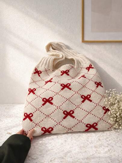 1 Piece Multi-Color Optional (Khaki/Beige/Pink) Bow Plaid Knit Large Capacity Tote Bag, Gentle Sweet Style, Perfect For Daily Commute And Shopping, Versatile Girly Woven Handbag Shopping Bag