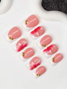 10 Stück quadratische handgemachte Nagelspitzen, Y2K Baddie Stil, nude & weiße Nagelplatten mit französischen Spitzen, geschnitzte Muster & Metallperlen Designs, geeignet für Frauen & Mädchen, Party, Tanz, Alltag, inklusive Werkzeug-Set, tolles Geschenk für Damen Aufklebe-Nägel - Verschiedenfarbig - Übersicht 3