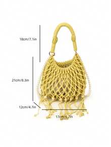 Handmade Hollow Woven Tassel Bag, Beaded Decor Handbag, Casual Commuter Sweet Style Women's Bag, Ins Woven Tote Bag, Tassel Beaded Hollow Women's Bag, Daily Commute Versatile Small Purse - Yellow - View 12