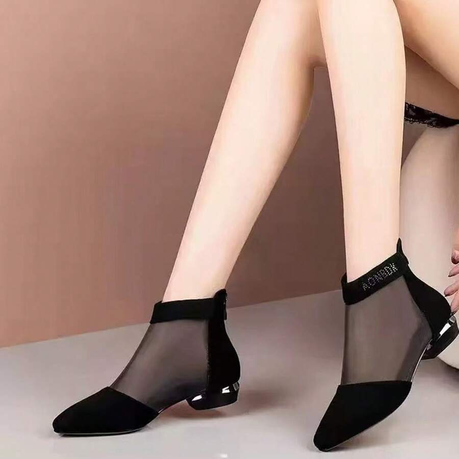 Giày bốt lưới gót thấp mới mùa hè 2026, sandal lưới khoét rỗng gót dày đính đá thoáng khí dành cho nữ - màu đen - Xem 1