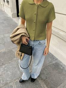 Blusa de punto con botones en la parte delantera, de manga corta, con cuello, de corte ajustado, de estilo casual, para primavera - Verde Oliva - Ver 3