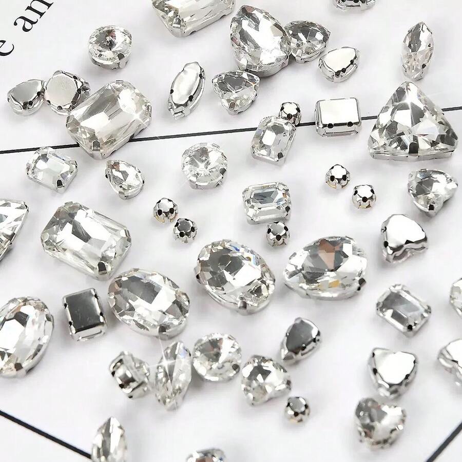 Hand-Sewn Perforated Rhinestones 100 PCS Mixed Shape Glass Rhinestones With Silver Claws For Sewing Jewelry, Crafts, Clothes, Shoes, Garments And Apparel Crystal Gem Flatback White - White - View 1