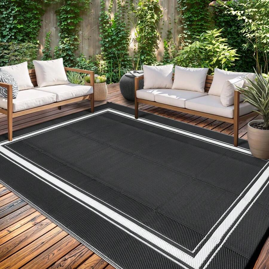 Outdoor Plastic Straw Rug 8x10 Waterproof Reversible Bordered Minimalist Patio Rug Indoor Outdoor Carpet With 4 Stakes And Storage Bag Outdoor Mat RV Mat For Deck Backyard Patio RV Camping Beach - Black and White - View 1