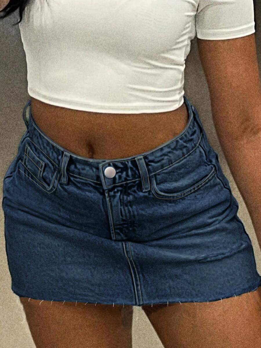 Minifalda vaquera lavada casual nueva de primavera/verano estilo europeo y americano Y2K para mujeres - Azul lavado oscuro - Ver 1